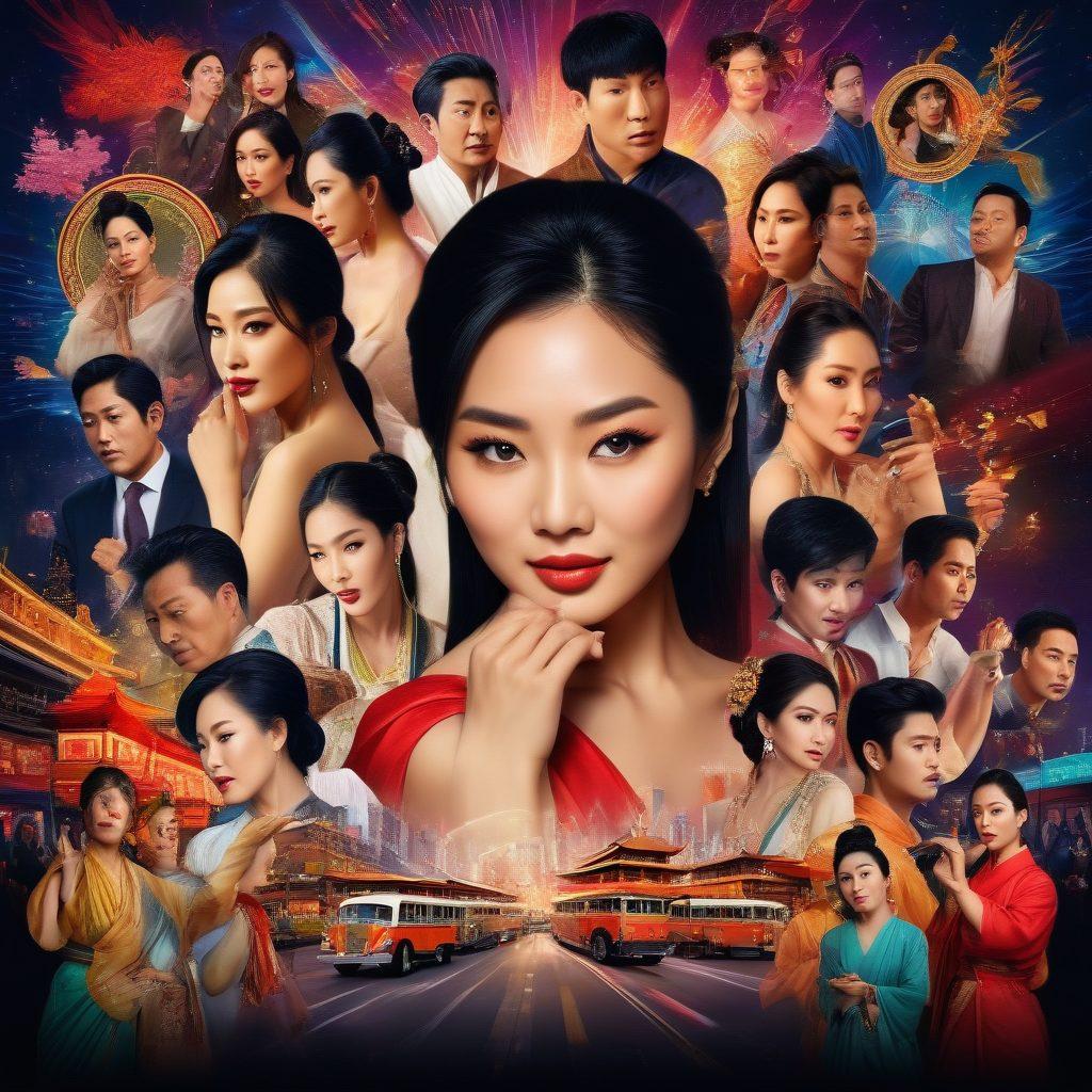 A bold collage of famous Asian celebrities in dramatic poses, surrounded by headlines and social media posts showcasing their scandals. The background features vibrant city lights and blurred paparazzi flashes, portraying a sense of urgency and excitement. Include a mix of traditional and modern design elements to represent diverse Asian cultures. The celebrities should appear both glamorous and expressive, capturing the essence of public scrutiny. super-realistic. vibrant colors. dynamic composition.