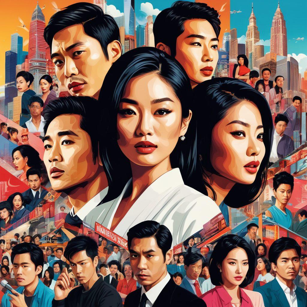 A dynamic collage showcasing various Asian celebrities caught in controversies, with vivid headlines bursting from a gossip magazine. The backdrop includes bustling cityscapes and social media icons, highlighting the intersection of fame and drama. Emphasize expressive faces and dramatic emotions to convey tension and intrigue. Vector art style with vibrant colors.