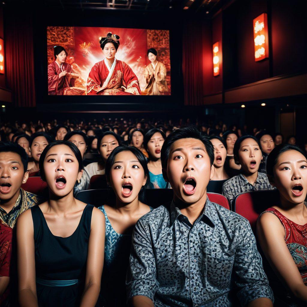 A dramatic scene depicting iconic moments from infamous Asian entertainment incidents, featuring a crowded auditorium with shocked expressions, a TV screen flashing headlines, and traditional Asian motifs intertwined with modern elements. The colors are vibrant and intense, with spotlight effects illuminating key figures. The background should depict blurred images of performers and cultural symbols. super-realistic. vibrant colors. high contrast.